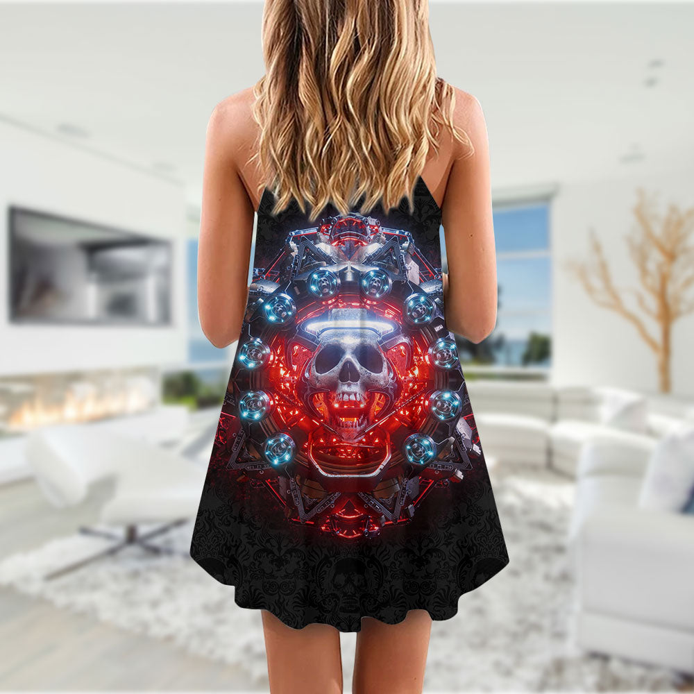 Skull Electric Dream Bold V-Neck Sleeveless Cami Dress For Festivals And Distinctive Alternative Styling