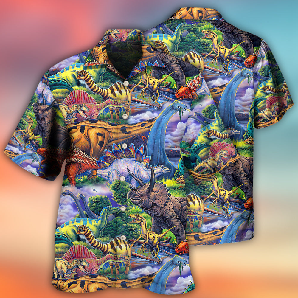 Creative Colorful Dinosaur Hawaiian Shirt Summer Design Detail For Vacation Style