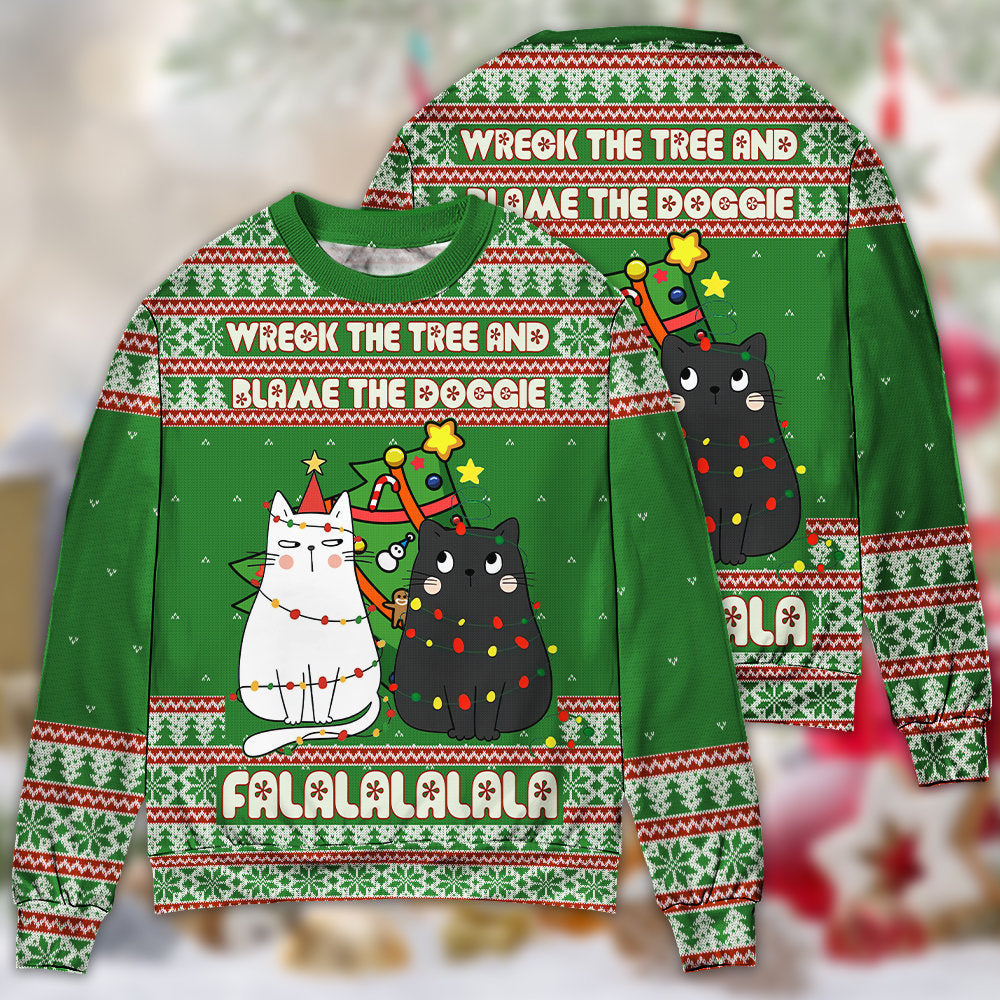 Cat Wrecks Tree Meowy Christmas Sweater For Winter Parties Seasonal Adventures And Relaxed Everyday Styling