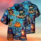 Halloween Owl Witch Night Sky Hawaiian Shirt Artwork Detail For Resort Trips And Outdoor Activities