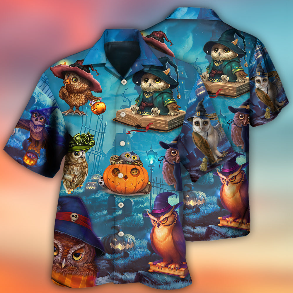 Halloween Owl Witch Night Sky Hawaiian Shirt Artwork Detail For Resort Trips And Outdoor Activities