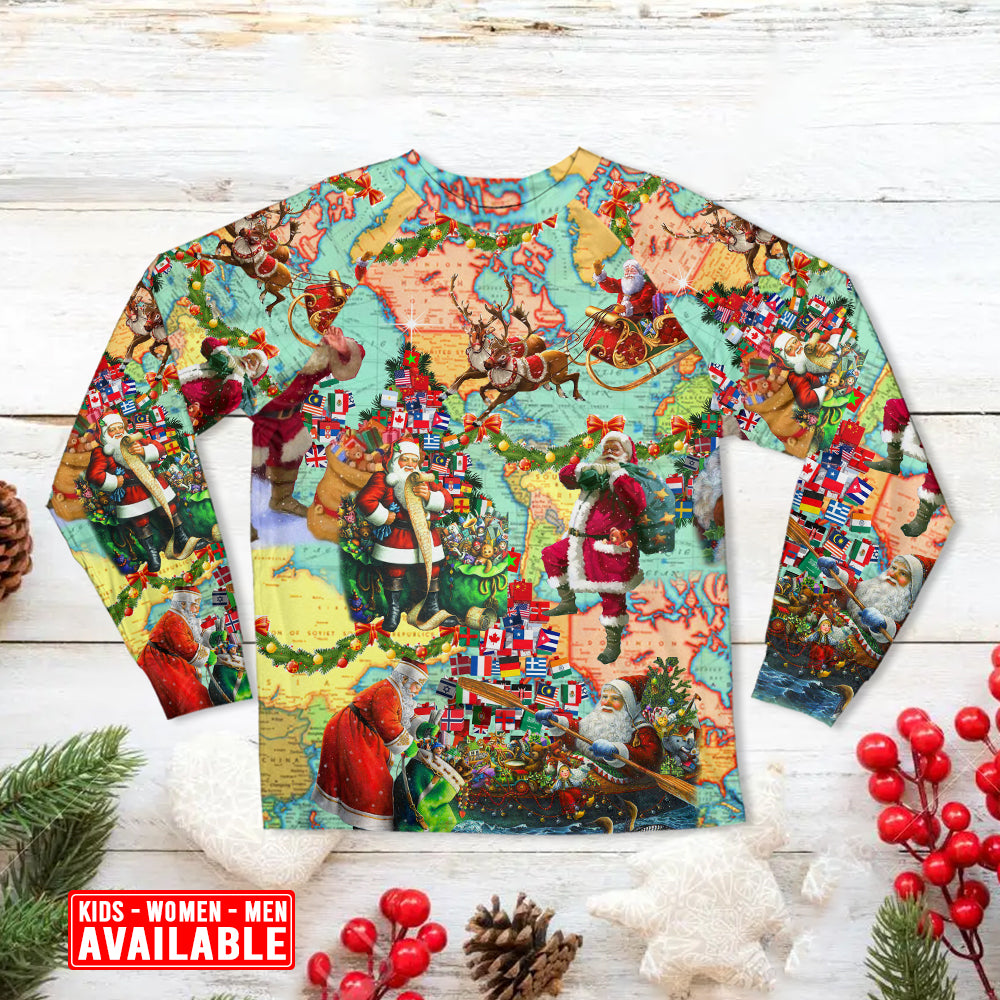 Santa World Map Christmas Love Long Sleeve Pajamas Set For Holiday Bedtime And Cozy Home Wear