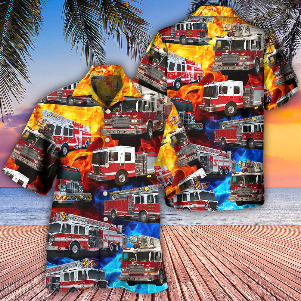 Truck Fire Firefighter Tribute Hawaiian Shirt Design View For Resort Travel And Thoughtful Gifting
