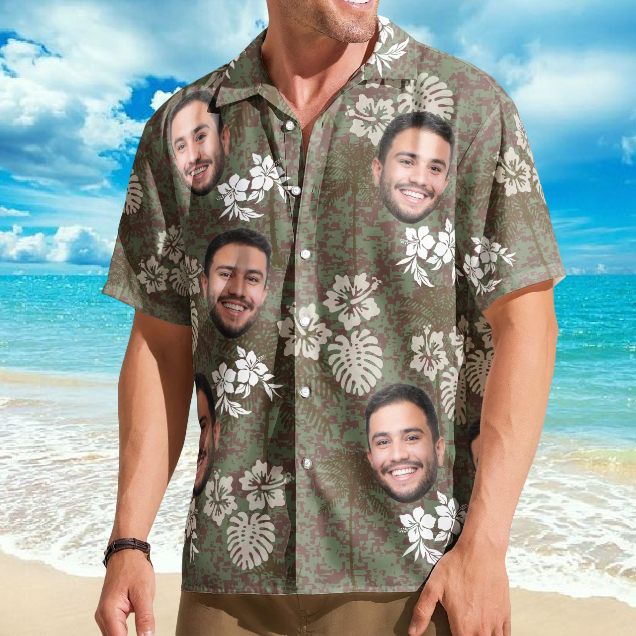Tropical Camo Beach Island Aloha Custom Photo Hawaiian Shirt For Personalized Vacation Style And Beach Travel