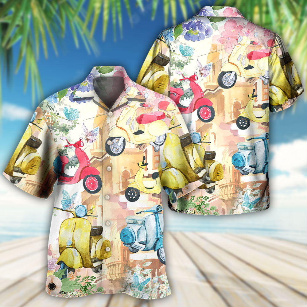Floral Scooter Hawaiian Shirt Collar And Front View For Tropical Vacations