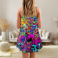 Hippie Skull Octopus Colorful Tie Dye V-Neck Sleeveless Cami Dress For Vacations And Casual Warm Weather Wear