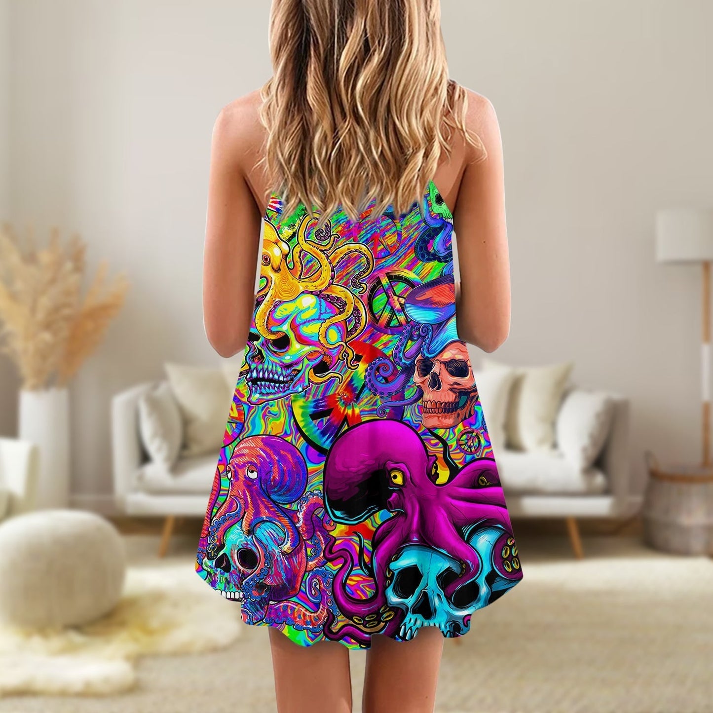 Hippie Skull Octopus Colorful Tie Dye V-Neck Sleeveless Cami Dress For Vacations And Casual Warm Weather Wear