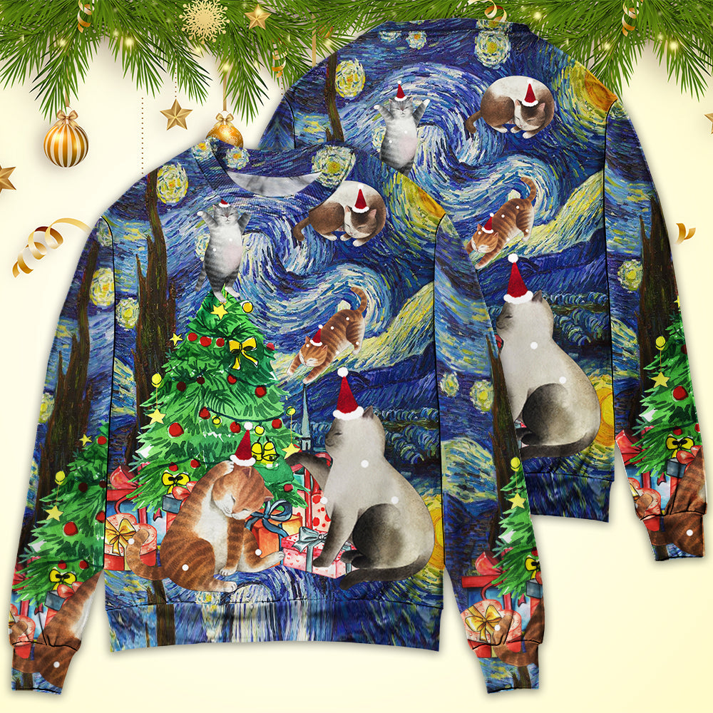 Christmas Cat Playing In Starry Night Sweater For Festive Parties Family Photos And Comfortable Seasonal Wear