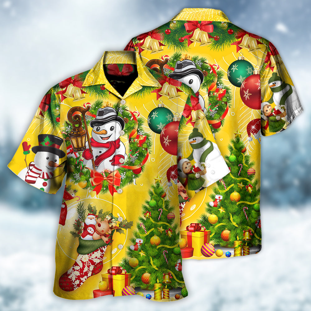 Funny Happy Yellow Snowman Christmas Tree Light Hawaiian Shirt Design View For Resort Travel And Thoughtful Gifting
