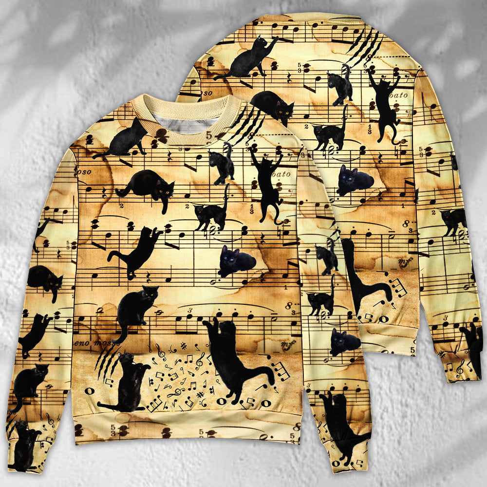 Black Cat Music Notes Sweater For Live Events Travel And Relaxed Creative Outfits