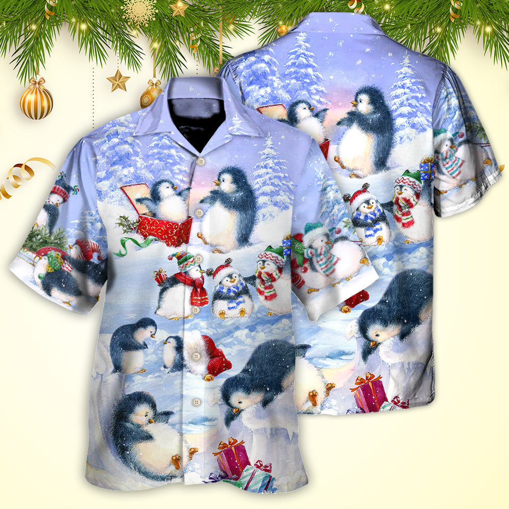 Christmas Penguin Family Hawaiian Shirt Summer Design Detail For Tropical Vacations