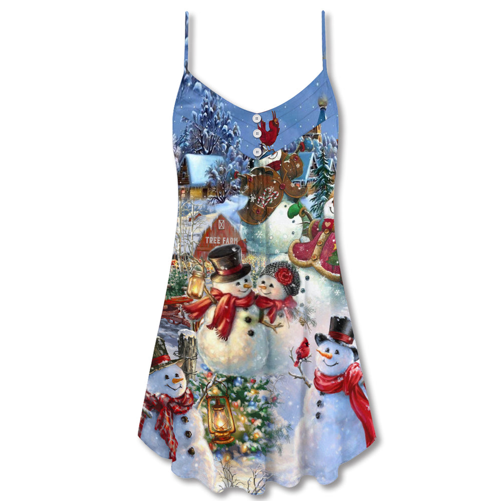 Snowman Couple Winter Love V-Neck Sleeveless Cami Dress For Summer Events And Comfortable Everyday Style