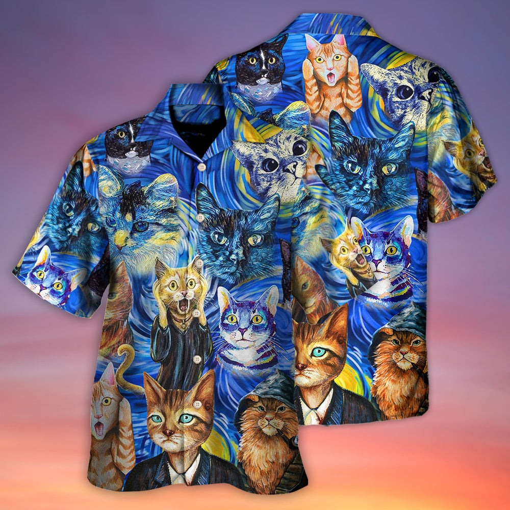 Funny Watercolor Cat Starry Night Hawaiian Shirt Pattern Detail For Vacation Travel And Daily Wear