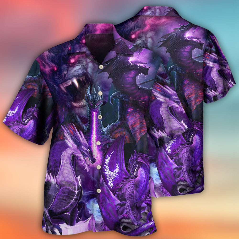 Dark Fantasy Purple Dragon Lightning Hawaiian Shirt Detailed Pattern View For Beach Days