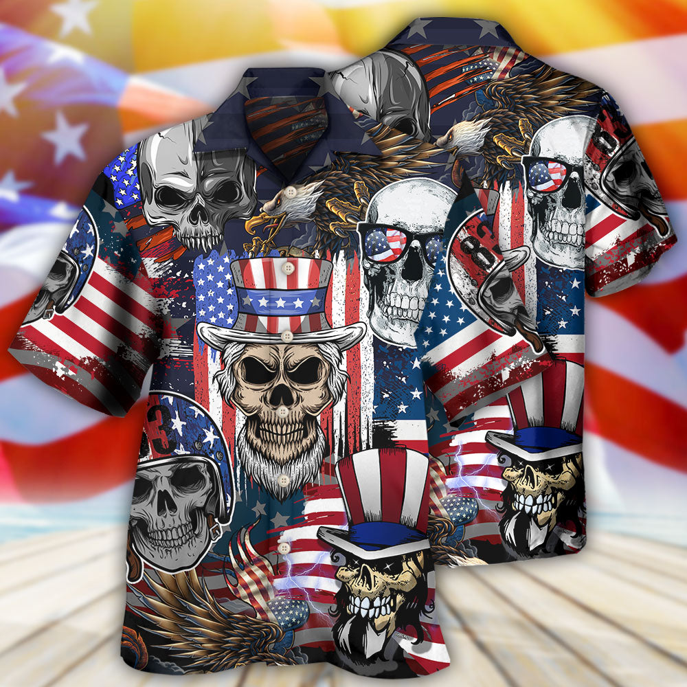 Skull Independence Day US Flag Hawaiian Shirt Artwork Detail For Resort Trips And Outdoor Activities
