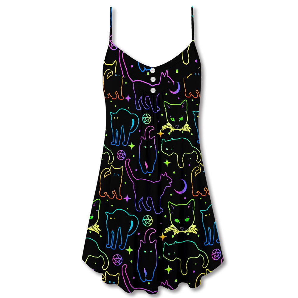 Neon Colorful Cat Playing Kitten V-Neck Sleeveless Cami Dress For Casual Outings Vacations And Summer Style