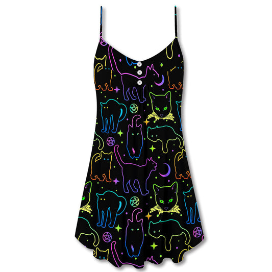 Neon Colorful Cat Playing Kitten V-Neck Sleeveless Cami Dress For Casual Outings Vacations And Summer Style