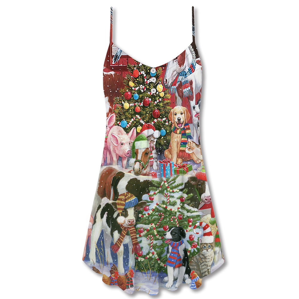 Christmas Farm Animals Happy Holiday V-Neck Sleeveless Cami Dress For Festive Events And Casual Summer Styling