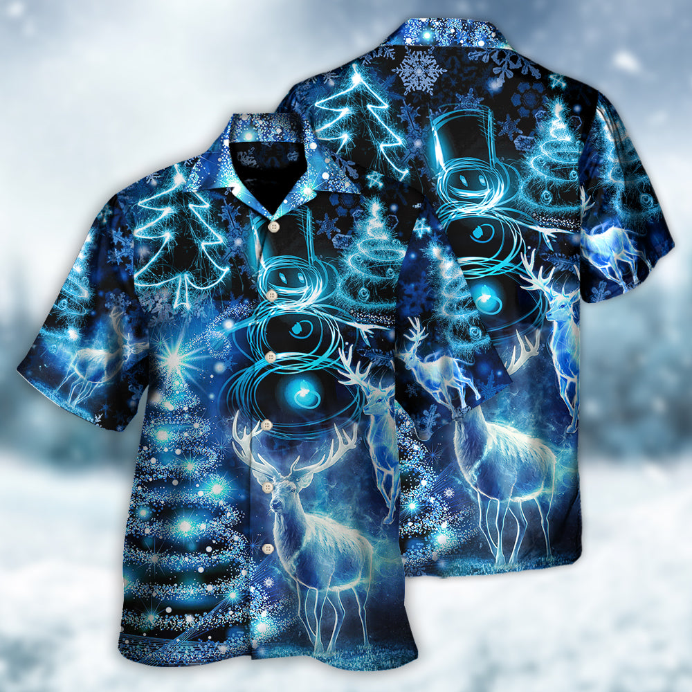 Deer Christmas Snowman Tree Glow Light Hawaiian Shirt Artwork View For Weekend Travel And Beach Style
