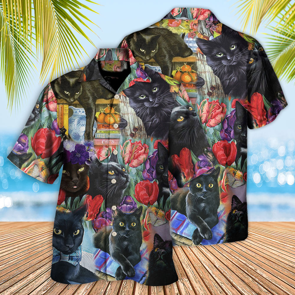 Black Floral Cat Hawaiian Shirt For Warm Weather Adventures And Everyday Comfort