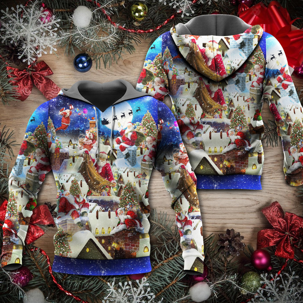 Christmas Rooftop Santa Reindeer Night Hoodie For Festive Streetwear Winter Outings And Christmas Celebrations