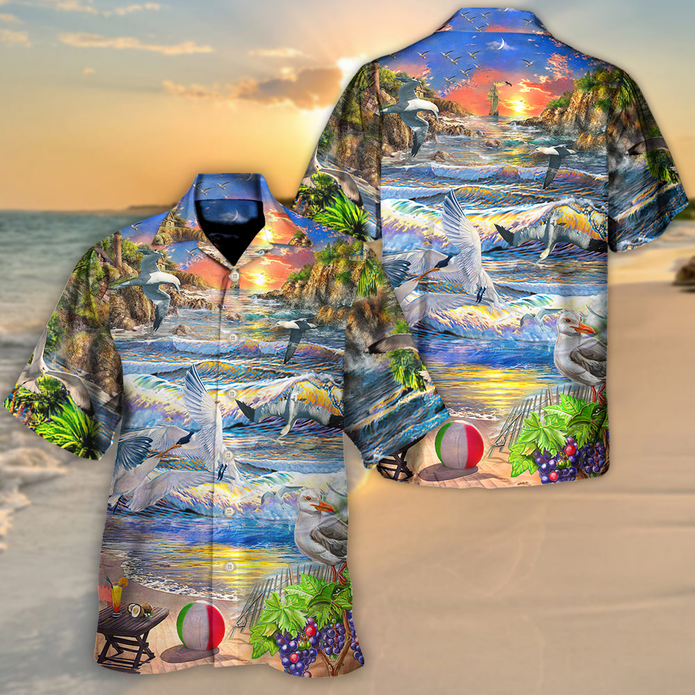 Beach Happier Seagull French Fry Hawaiian Shirt For Island Vacations, Resort Wear, And Relaxed Seasonal Style
