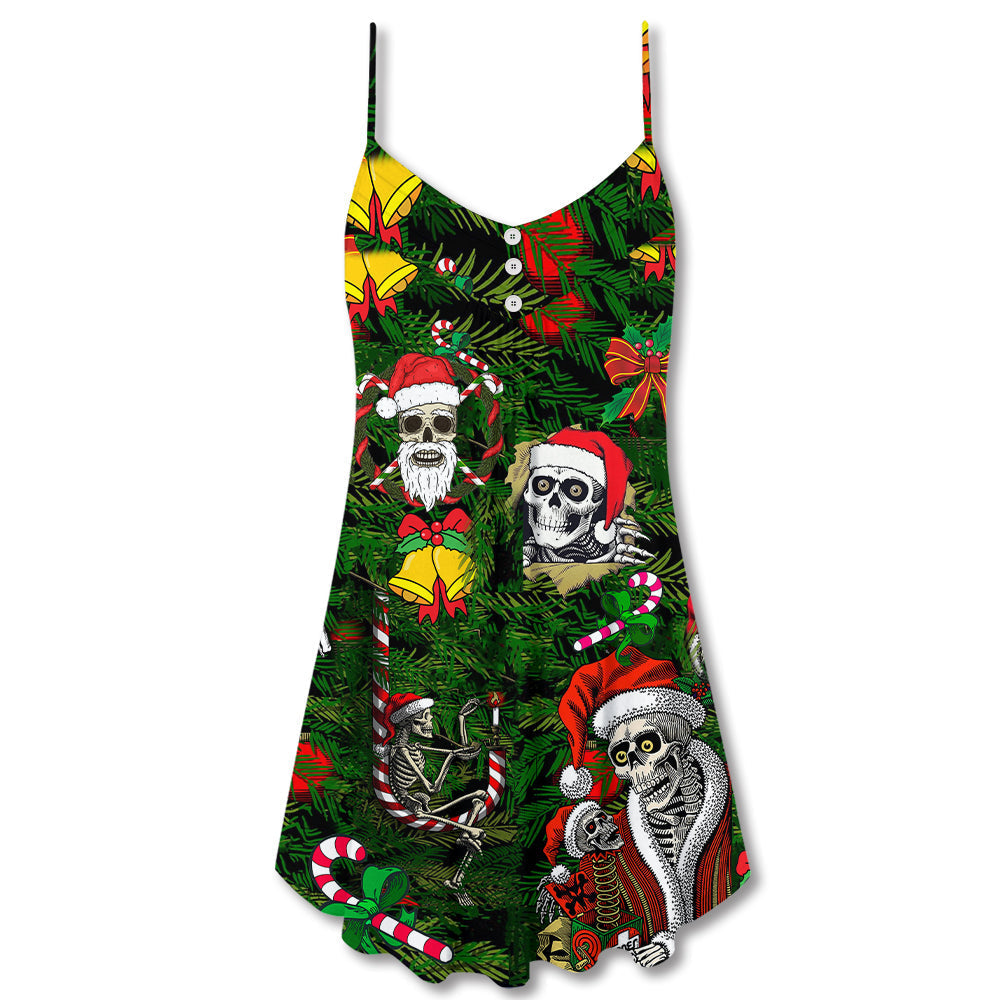 Christmas Skull Merry Holiday V-Neck Sleeveless Cami Dress For Summer Events And Comfortable Everyday Style
