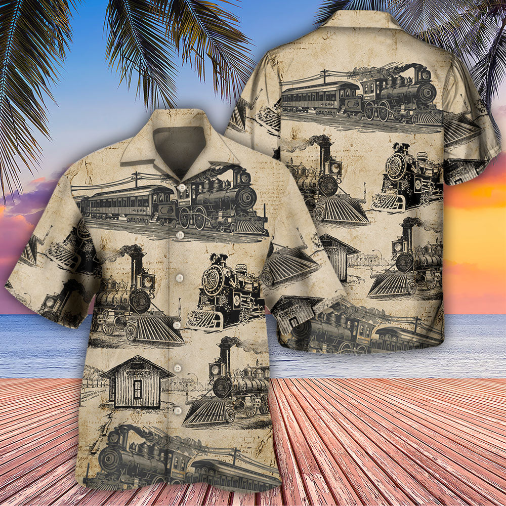 Vintage Retro Train Sketch Hawaiian Shirt Detailed Pattern View For Warm Weather Events