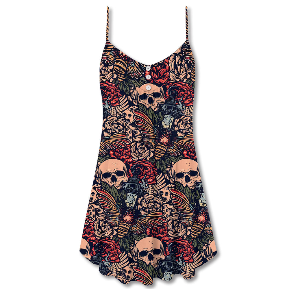 Christmas Tattoo Skull Amazing V-Neck Sleeveless Cami Dress For Festive Events And Casual Summer Styling