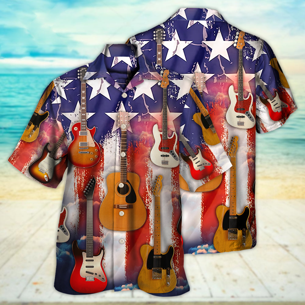 Guitar Independence Day Star American Hawaiian Shirt Pattern Detail For Summer Holidays And Outdoor Fun