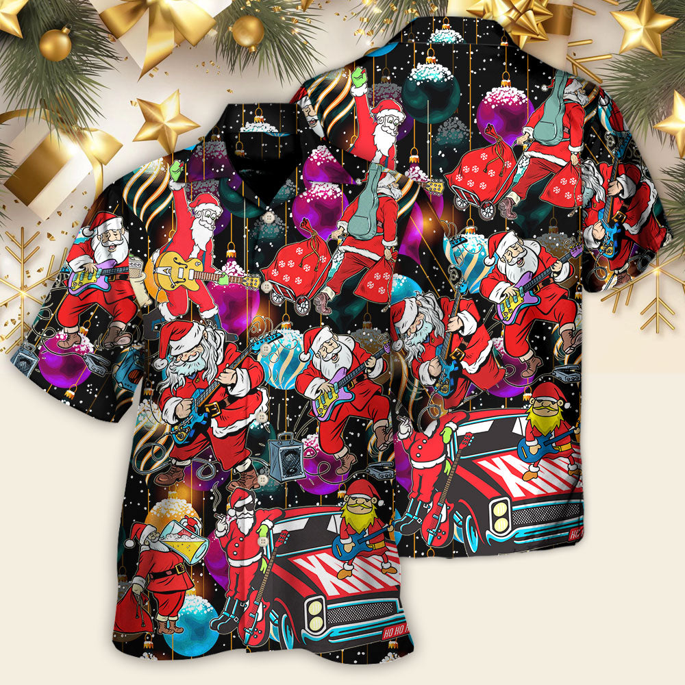 Festive Christmas Guitar Music Santa Hawaiian Shirt Graphic Artwork Detail For Vacation Style