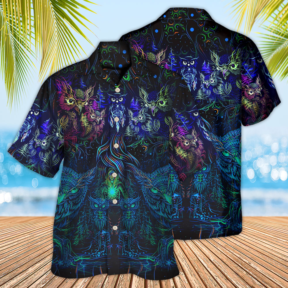 Colorful Owl Witch Darkness Hawaiian Shirt Pattern View For Lightweight Everyday Style