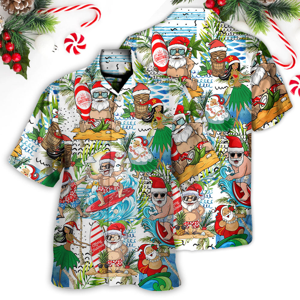 Island Christmas Santa Beach Hawaiian Shirt Collar And Front View For Coastal Travel