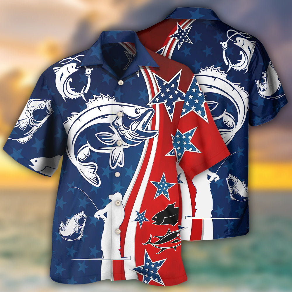Patriotic American Fishing Star Hawaiian Shirt For Coastal Travel, Casual Events, And Comfortable Summer Wear