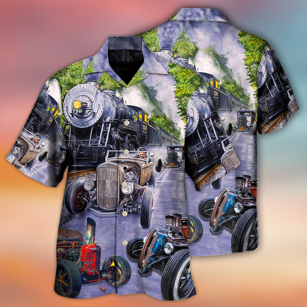 Retro Hot Rod Racing Speed Hawaiian Shirt Fabric Pattern Detail For Weekend Trips