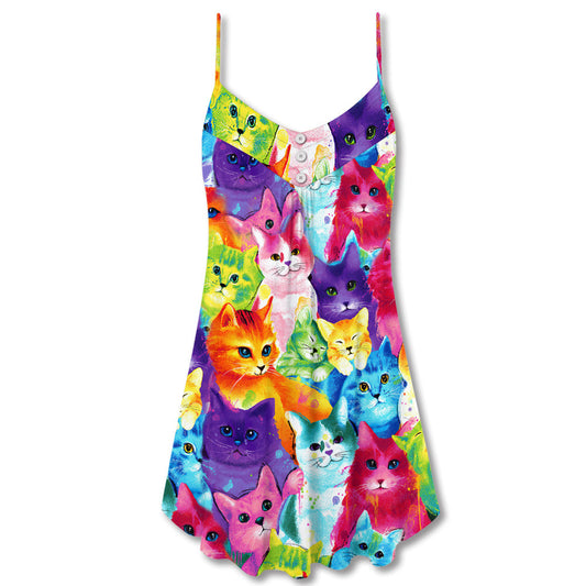 Colorful Cute Kitten Happy Life V-Neck Sleeveless Cami Dress For Summer Events And Comfortable Everyday Style