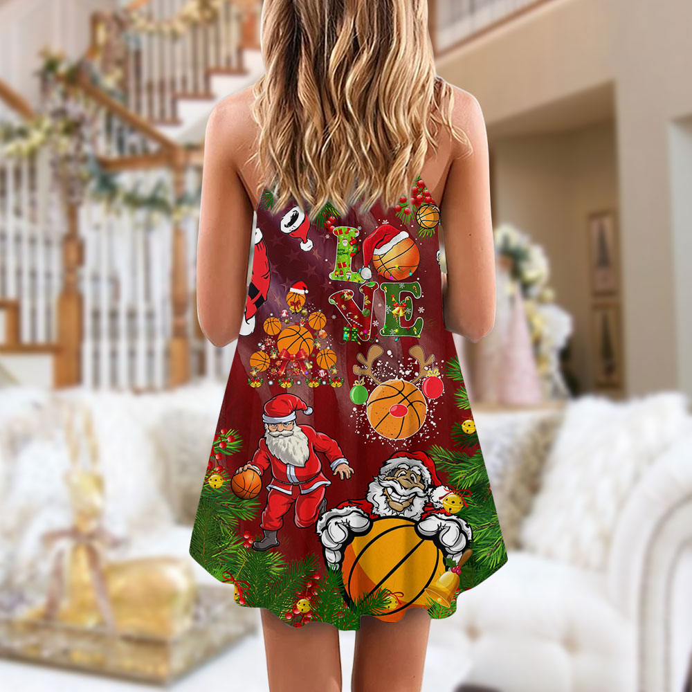 Santa Basketball Christmas Cheer V-Neck Sleeveless Cami Dress For Summer Events And Comfortable Everyday Style