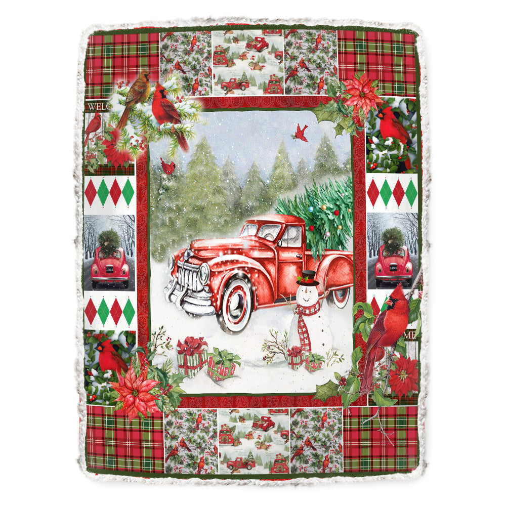 Cardinal Red Truck Christmas Flannel Blanket For Cozy Bedroom Sofa Decor