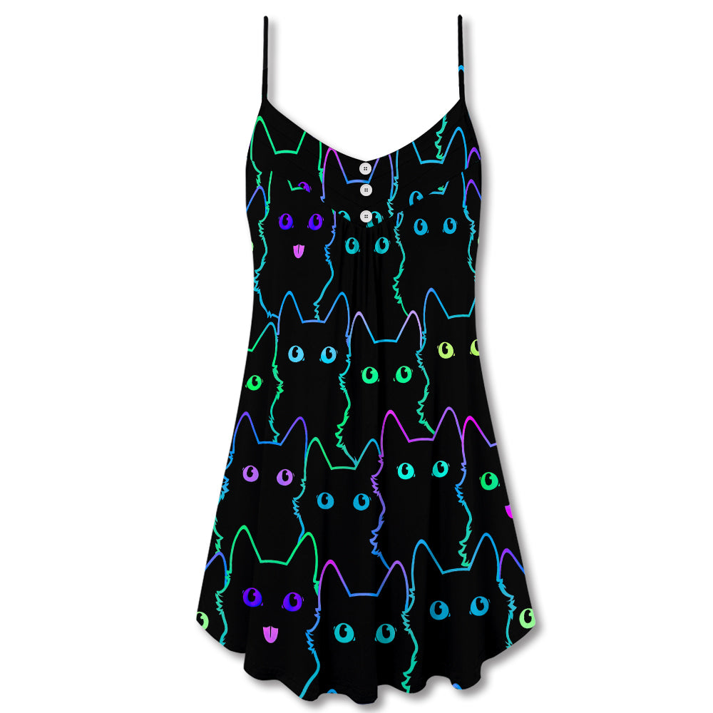 Cute Kitten Neon Art V-Neck Sleeveless Cami Dress For Playful Summer Getaways And Thoughtful Gift Giving