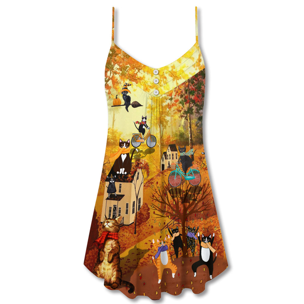 Happy Fall Y'all Cat V-Neck Sleeveless Cami Dress For Summer Vacations Festivals And Playful Casual Styling