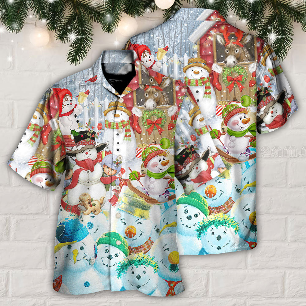 Happy Snowman Christmas Farm Hawaiian Shirt Design View For Casual Summer Styling
