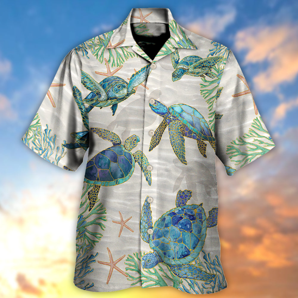 Turtle Peaceful Relaxing Calm Beach Ship Sails Hawaiian Shirt Collar And Front View For Weekend Trips