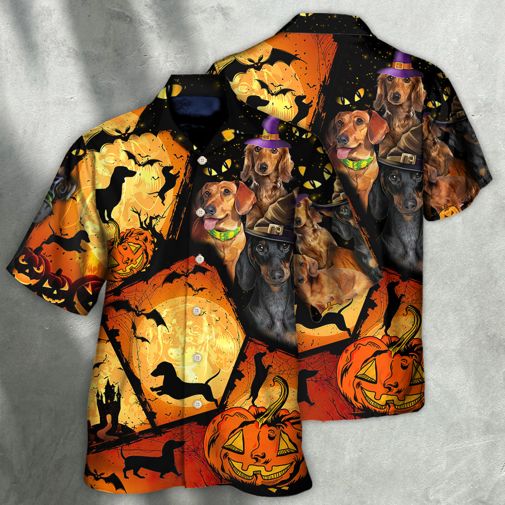 Halloween Dachshund Pumpkin Hawaiian Shirt Artwork Detail For Tropical Trips And Casual Outings