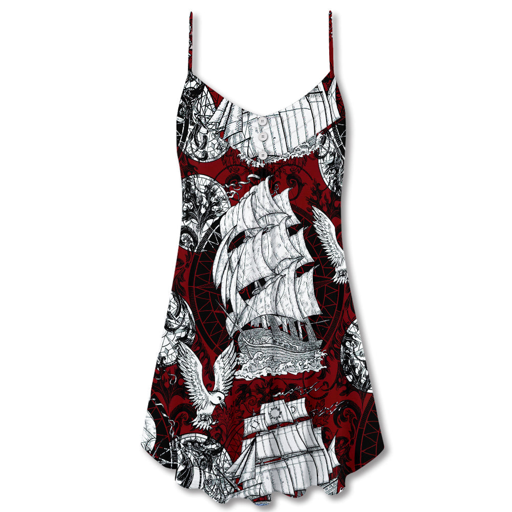 Vintage Sailing Ship Anchor V-Neck Sleeveless Cami Dress For Beach Trips And Relaxed Vacation Style