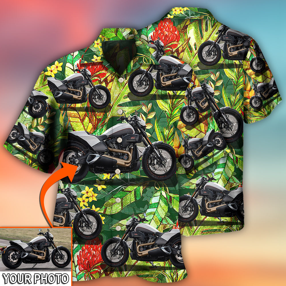 Tropical Floral Motorcycle Custom Photo Hawaiian Shirt For Vacation Days And Relaxed Coastal Outings