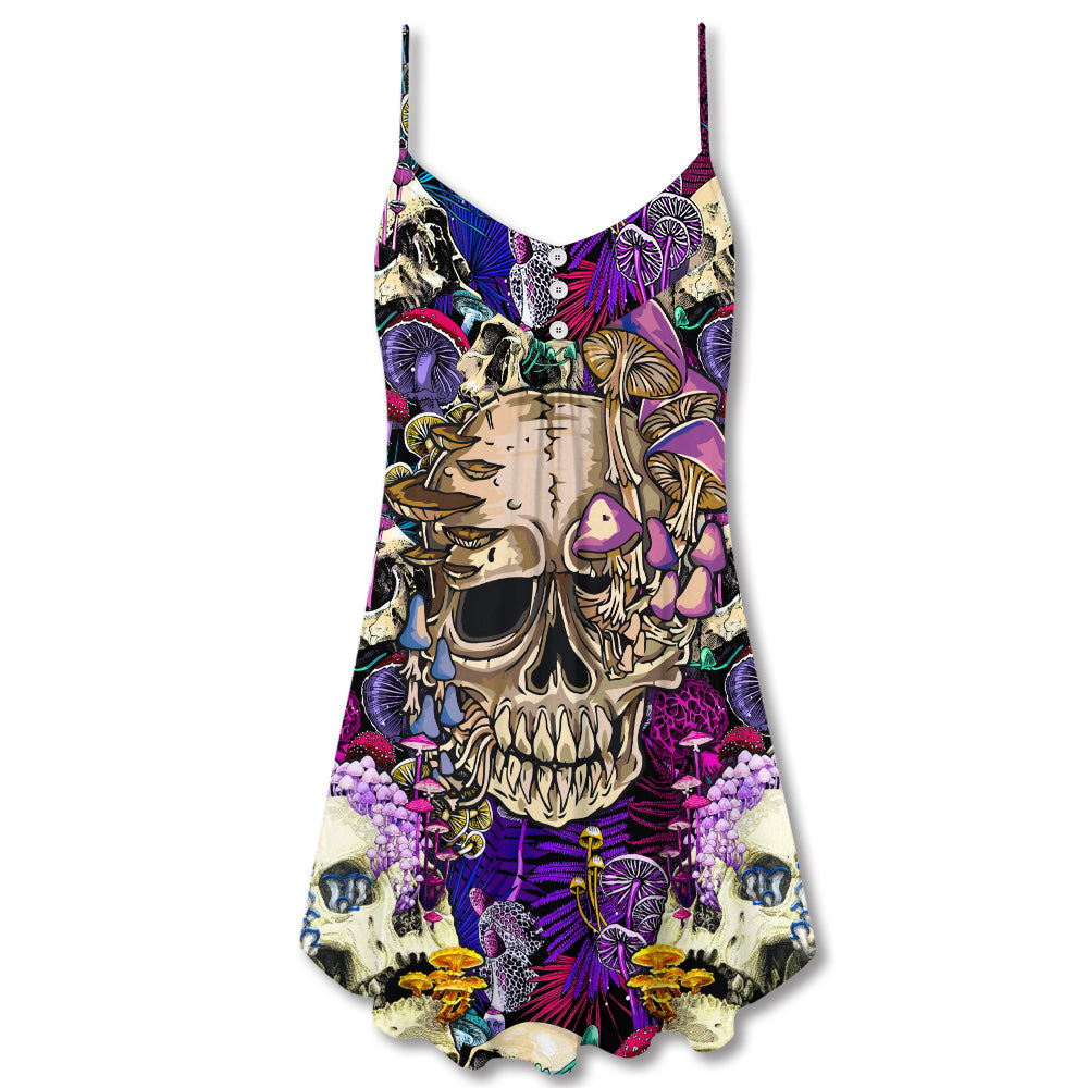 Skull Mushroom Psychedelic Magic V-Neck Sleeveless Cami Dress For Summer Events And Comfortable Everyday Style