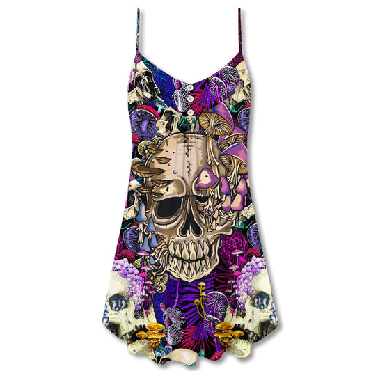 Skull Mushroom Psychedelic Magic V-Neck Sleeveless Cami Dress For Summer Events And Comfortable Everyday Style