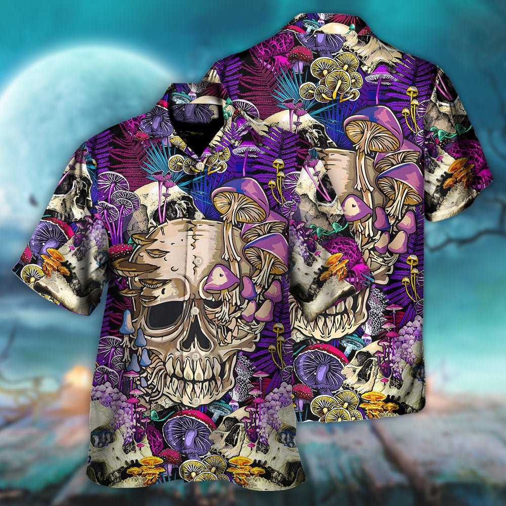 Magical Mushroom Bright Psychedelic Skull Hawaiian Shirt Design Detail For Beach Days And Holiday Travel