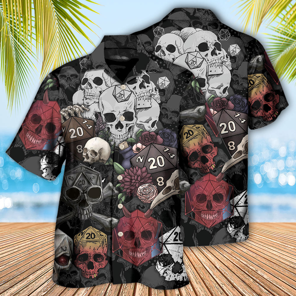 Dark Skull Tabletop Dice Fantasy Hawaiian Shirt Artwork Detail For Resort Trips And Outdoor Activities