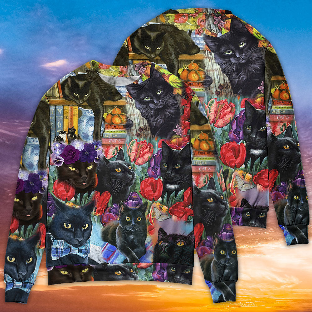 Black Cat With Floral Sweater For Nature Inspired Fashion Events And Relaxed Everyday Comfort
